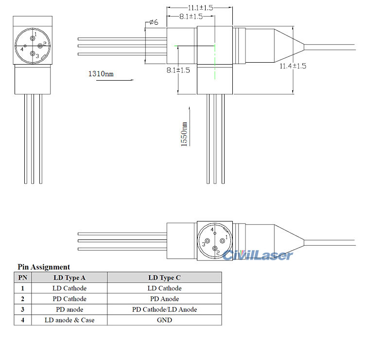 Fiber pigtailed laser diode 1310nm/1550nm FP dual wavelength coaxial laser